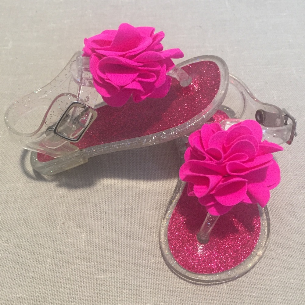 Fun Baby Girl Jelly Sandals w/Hot Pink Flowers